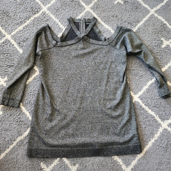 Torrid Black Gold Metallic Criss Cross Cold Shoulder Long Sleeve Top - Picture 3 of 7